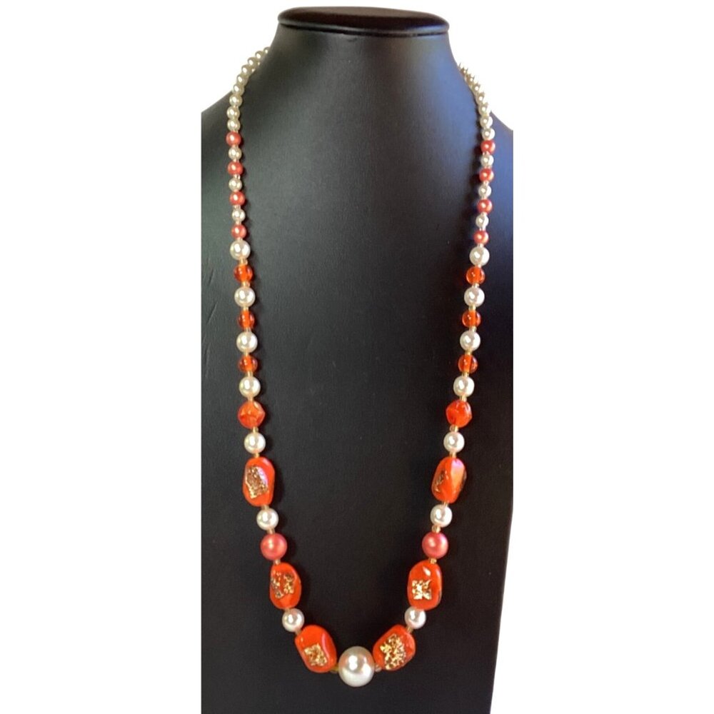 Vintage Faux Pearl and Neon Orange Art Glass Bead Necklace with an MCM Vibe
